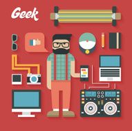 Vector illustration Flat Icons Set of Trendy Geek Items