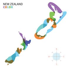 Abstract vector color map of New Zealand with transparent paint