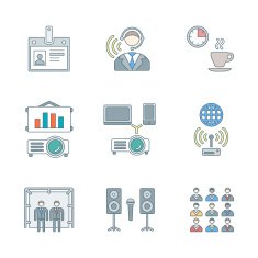 outline colored conference concept icons set