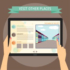 hands holding tablet with city website Flat design style