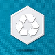 White 3D Hexagon Icon On Blue Background with Recycling Symbol