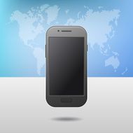 Template with Touchscreen Mobile Phone Device and World Map on