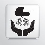 Square Icon With Two Hands Cupping a Baby Carriage Silhouette