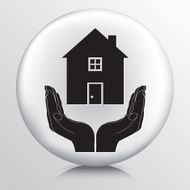 Round Icon With Two Hands Cupping a Residential House Silhouette
