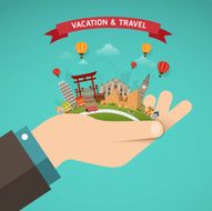 travel concept Hand hold with famous monument around the world