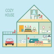 flat cozy house section with interior living room vector illustration