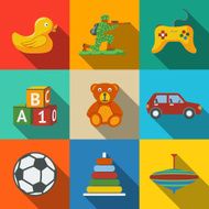 Toys flat long shadow icons set with - car duck