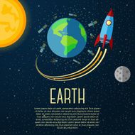 Earth banner with sun moon stars and space rocket Vector