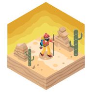 Backpacker Traveler Polygonal Character Walk Desert Road Cactus Nature Concept