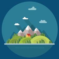 Landscape Houses in the mountains among trees Flat style N8