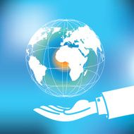 Global with map floating over business man hand