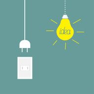 Hanging yellow light bulb rosette cord plug Idea concept Flat