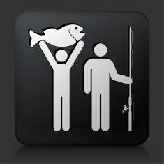 Black Square Button with Two People and a Fish