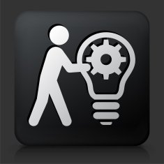 Black Square Button with Stick Figure & Idea Gear