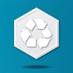 White 3D Hexagon Icon On Blue Background with Recycling Symbol