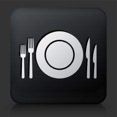 Black Square Button with Silverware & Plate Icon