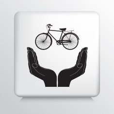 Square Icon With Two Hands Cupping a Wheel Bycycle