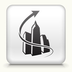 Square Button with Arrow and Set of Buildings