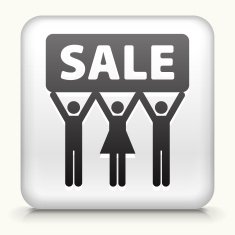Three black simplified people logos holding a sale sign