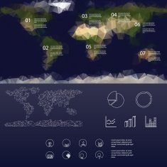 Low polygonal map of the world infographics menu with graphs