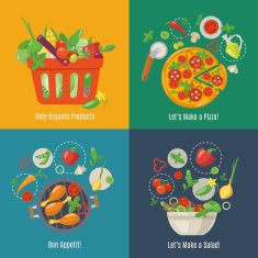 Food infographic Flat style Shopping basket Pizza chicken and salad