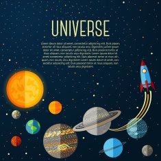 Universe banner with solar system stars and space rocket Vector