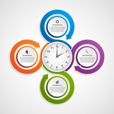 Abstract infographic with colorful arrows and clock in the centre N3