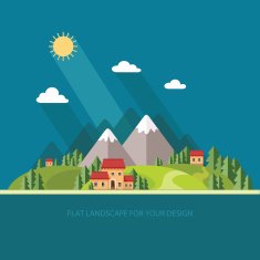 Landscape Houses in the mountains among trees Flat style N6