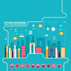 City social network Urban landscape filled with business icons N3