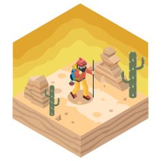Backpacker Traveler Polygonal Character Walk Desert Road Cactus Nature Concept