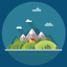 Landscape Houses in the mountains among trees Flat style N8