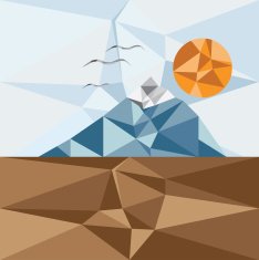 Triangle landscape with mountain birds and sun vector polygon a