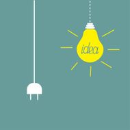 Hanging yellow light bulb and cord plug Idea concept Flat