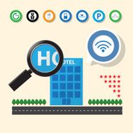 magnifying glass searching for hotel with service icon
