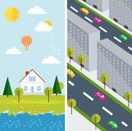 flat and country house with infographic icons