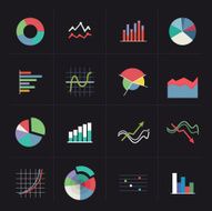Colorful graph icons on dark background
