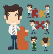 Set of businessman holding up jigsaw puzzle pieces as solution N2