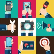 mobile phone digital tablet and other using with hand symbol