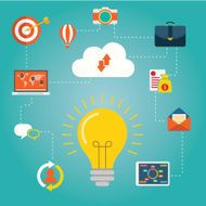 Creative network concept light bulb surrounded by media icons