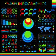 Colorful infographic set on black background and 20 universal icons