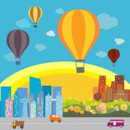 Hot air balloon over the town