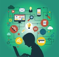 man at a computer surrounded by icons