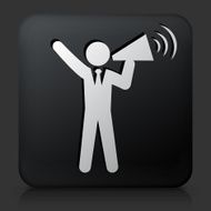 Black Square Button with Megaphone Stick FIgure Icon