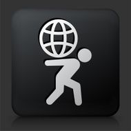 Black Square Button with Stick Figure Carrying Globe N3
