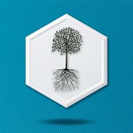 White 3D Hexagon Icon On Blue With Tree and Roots