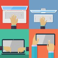 Set of flat hand icons holding various hi-tech computer
