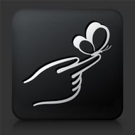 Black Square Button with Hand Holding Butterfly