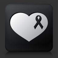 Black Square Button with Breast Cancer Support Ribbon Heart