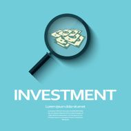 Investment analysis graphic design concept with magnifying glass and dollar
