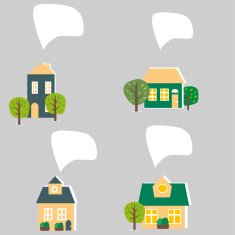 Houses with bubble sheech icon set